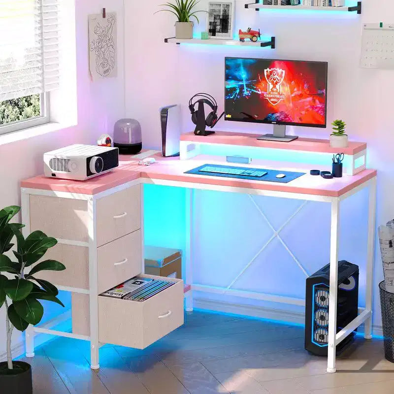 L Shaped Home Office Desk, Storage Shelves Gaming Computer Desk with Drawers & Shelves for Home Office