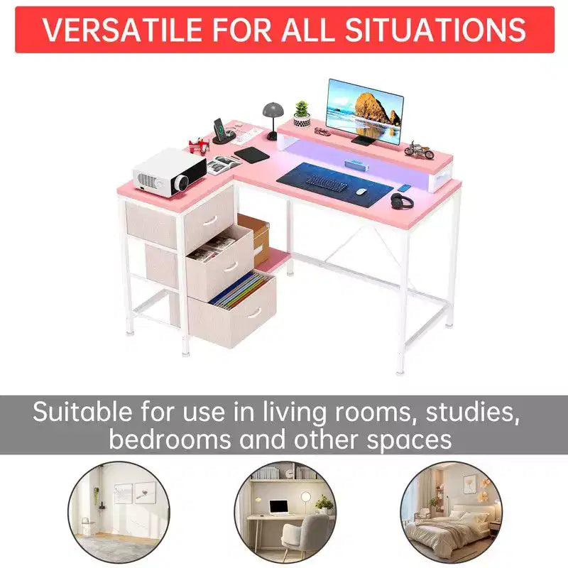 L Shaped Home Office Desk, Storage Shelves Gaming Computer Desk with Drawers & Shelves for Home Office