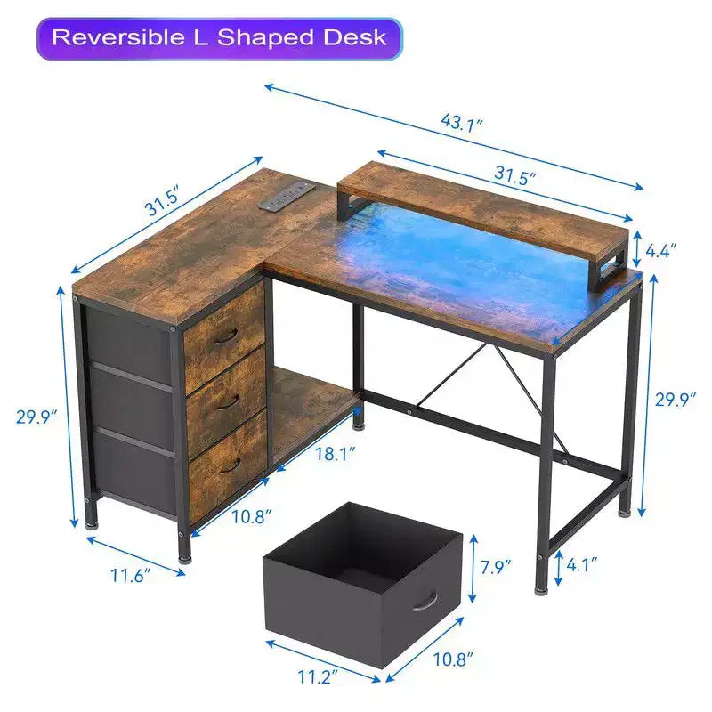 L Shaped Home Office Desk, Storage Shelves Gaming Computer Desk with Drawers & Shelves for Home Office