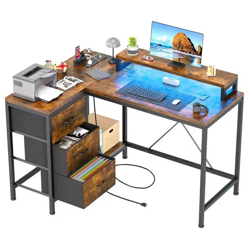 L Shaped Home Office Desk, Storage Shelves Gaming Computer Desk with Drawers & Shelves for Home Office
