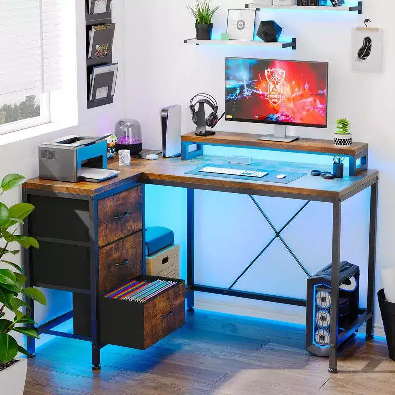 L Shaped Home Office Desk, Storage Shelves Gaming Computer Desk with Drawers & Shelves for Home Office