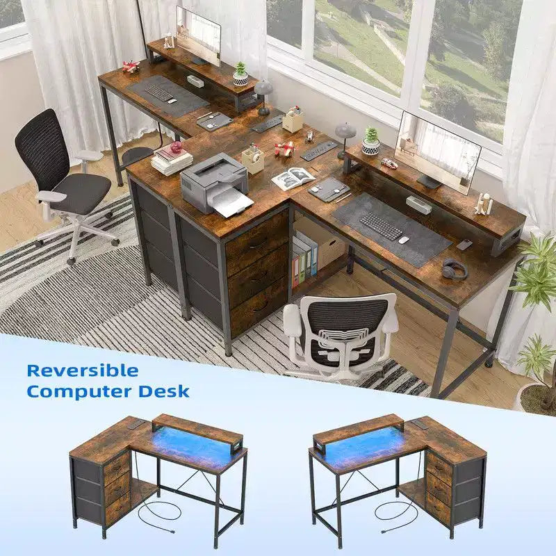 L Shaped Home Office Desk, Storage Shelves Gaming Computer Desk with Drawers & Shelves for Home Office