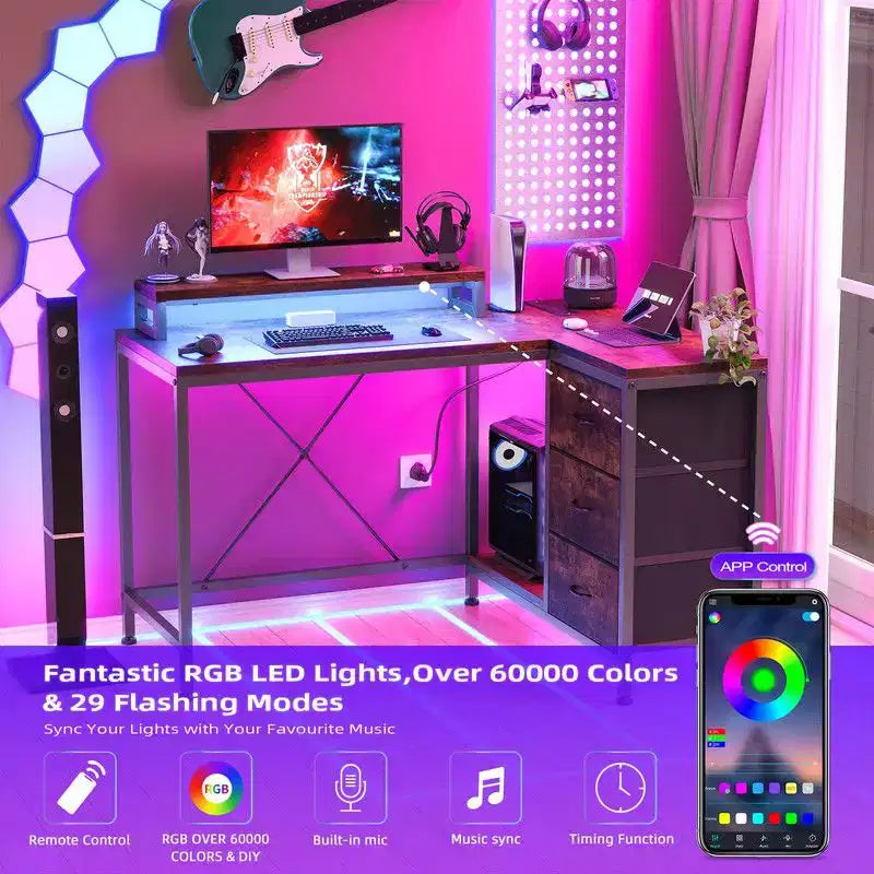 L Shaped Home Office Desk, Storage Shelves Gaming Computer Desk with Drawers & Shelves for Home Office
