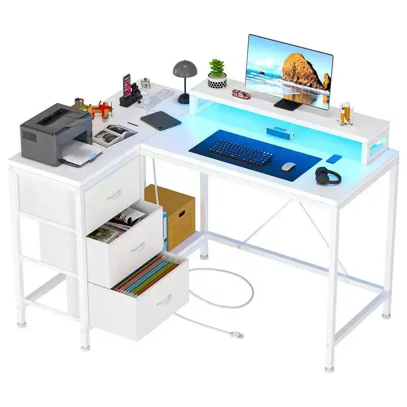 L Shaped Home Office Desk, Storage Shelves Gaming Computer Desk with Drawers & Shelves for Home Office