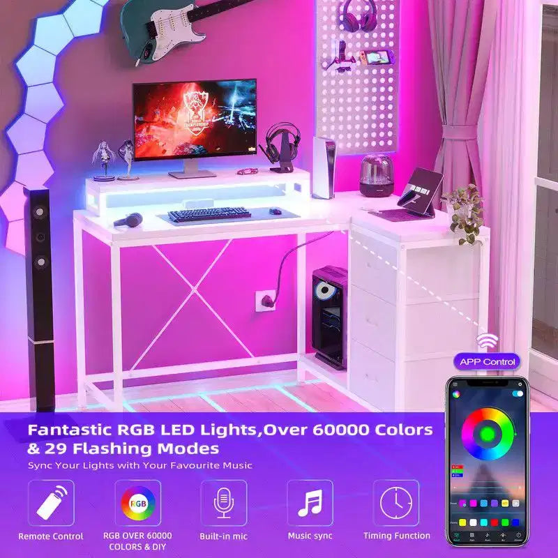 L Shaped Home Office Desk, Storage Shelves Gaming Computer Desk with Drawers & Shelves for Home Office