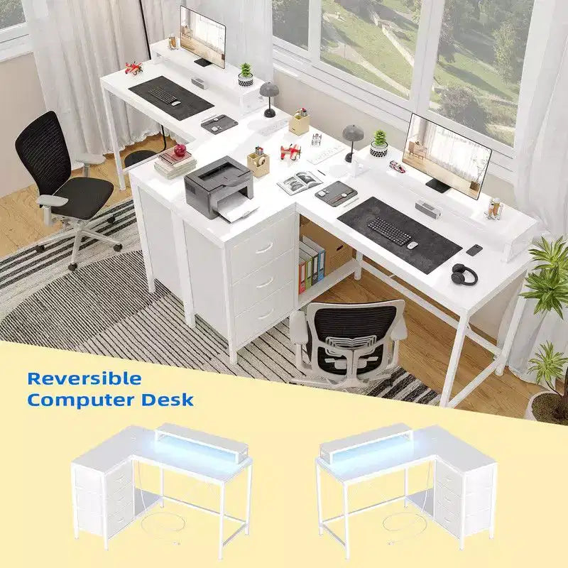 L Shaped Home Office Desk, Storage Shelves Gaming Computer Desk with Drawers & Shelves for Home Office