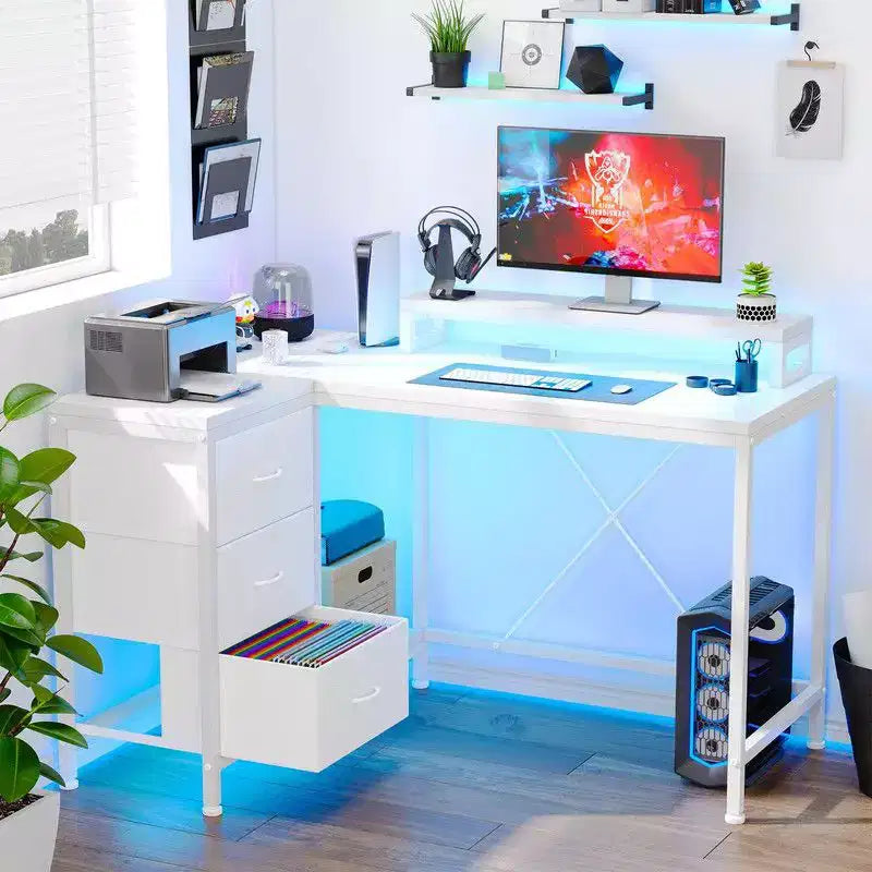 L Shaped Home Office Desk, Storage Shelves Gaming Computer Desk with Drawers & Shelves for Home Office