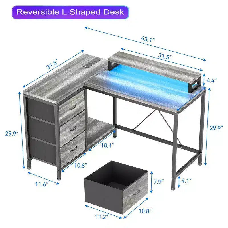 L Shaped Home Office Desk, Storage Shelves Gaming Computer Desk with Drawers & Shelves for Home Office