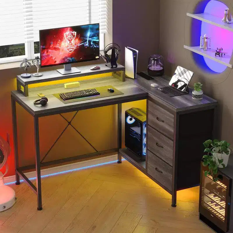 L Shaped Home Office Desk, Storage Shelves Gaming Computer Desk with Drawers & Shelves for Home Office