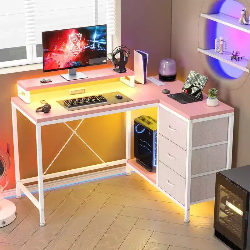 L Shaped Home Office Desk, Storage Shelves Gaming Computer Desk with Drawers & Shelves for Home Office