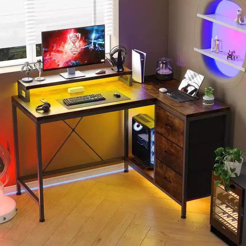 L Shaped Home Office Desk, Storage Shelves Gaming Computer Desk with Drawers & Shelves for Home Office