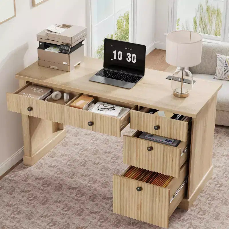 54" Fluted Modern Executive Desk with File Cabinet & Drawers, Home Office Storage