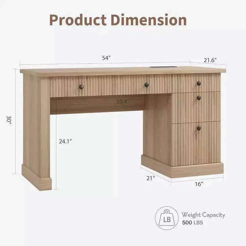 54" Fluted Modern Executive Desk with File Cabinet & Drawers, Home Office Storage