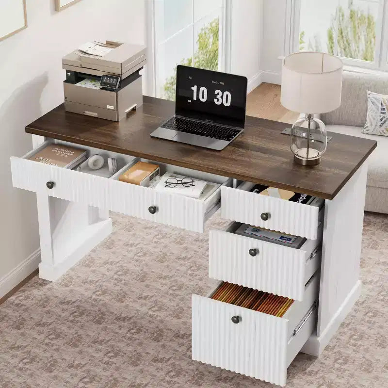 54" Fluted Modern Executive Desk with File Cabinet & Drawers, Home Office Storage
