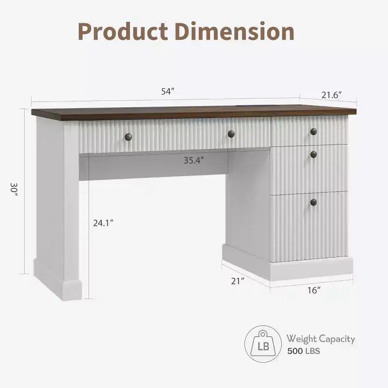 54" Fluted Modern Executive Desk with File Cabinet & Drawers, Home Office Storage