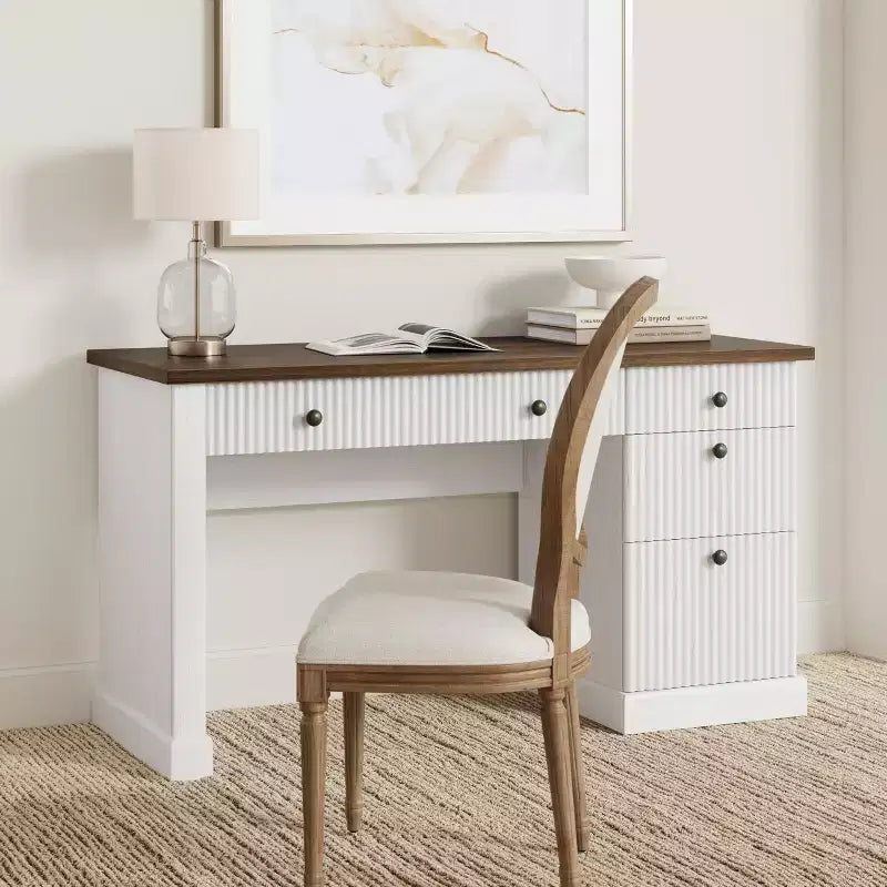 54" Fluted Modern Executive Desk with File Cabinet & Drawers, Home Office Storage