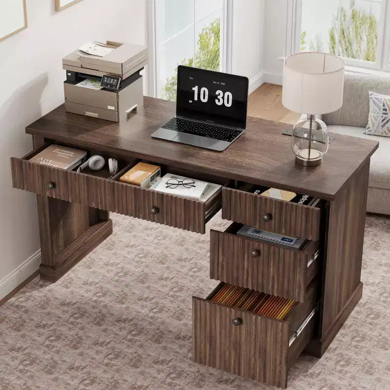 54" Fluted Modern Executive Desk with File Cabinet & Drawers, Home Office Storage