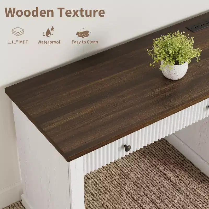 54" Fluted Modern Executive Desk with File Cabinet & Drawers, Home Office Storage
