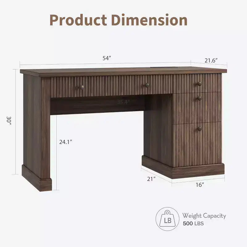 54" Fluted Modern Executive Desk with File Cabinet & Drawers, Home Office Storage
