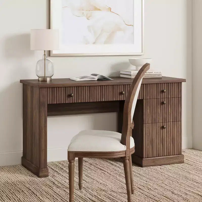 54" Fluted Modern Executive Desk with File Cabinet & Drawers, Home Office Storage