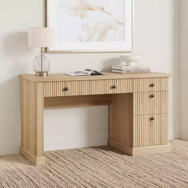 54" Fluted Modern Executive Desk with File Cabinet & Drawers, Home Office Storage