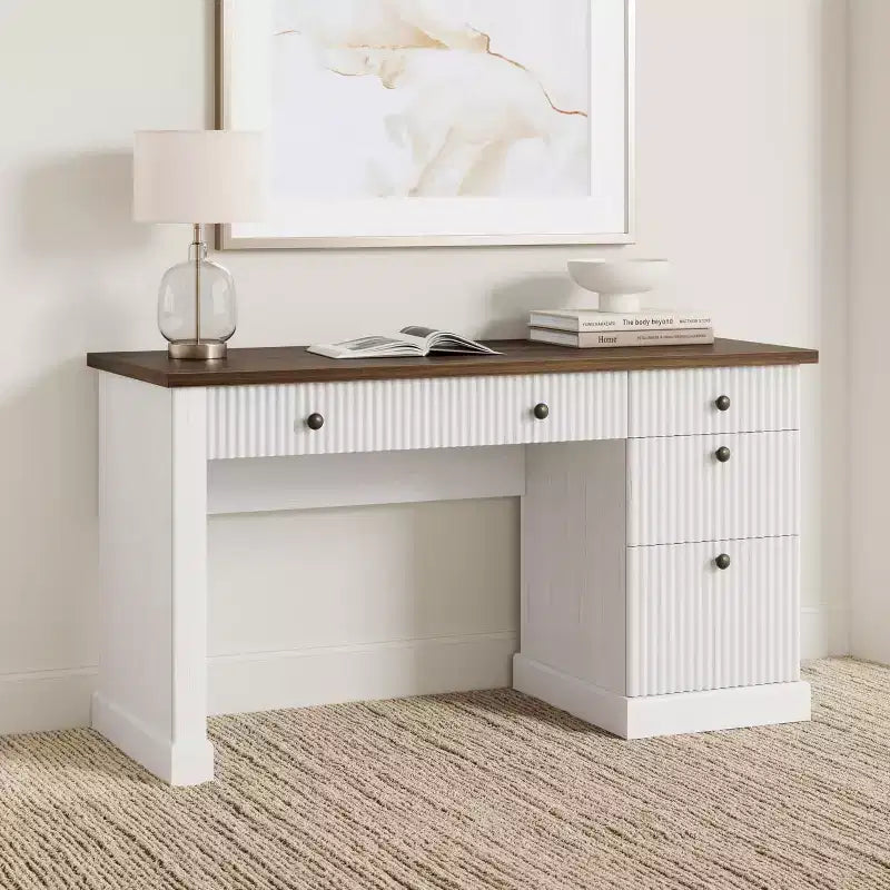 54" Fluted Modern Executive Desk with File Cabinet & Drawers, Home Office Storage
