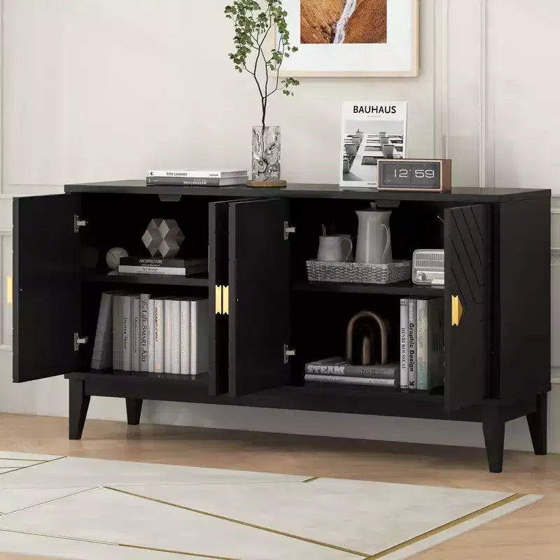 Modern Sideboard Buffet Cabinet with 4 Curved Pattern Doors, Living Room Storage, Black