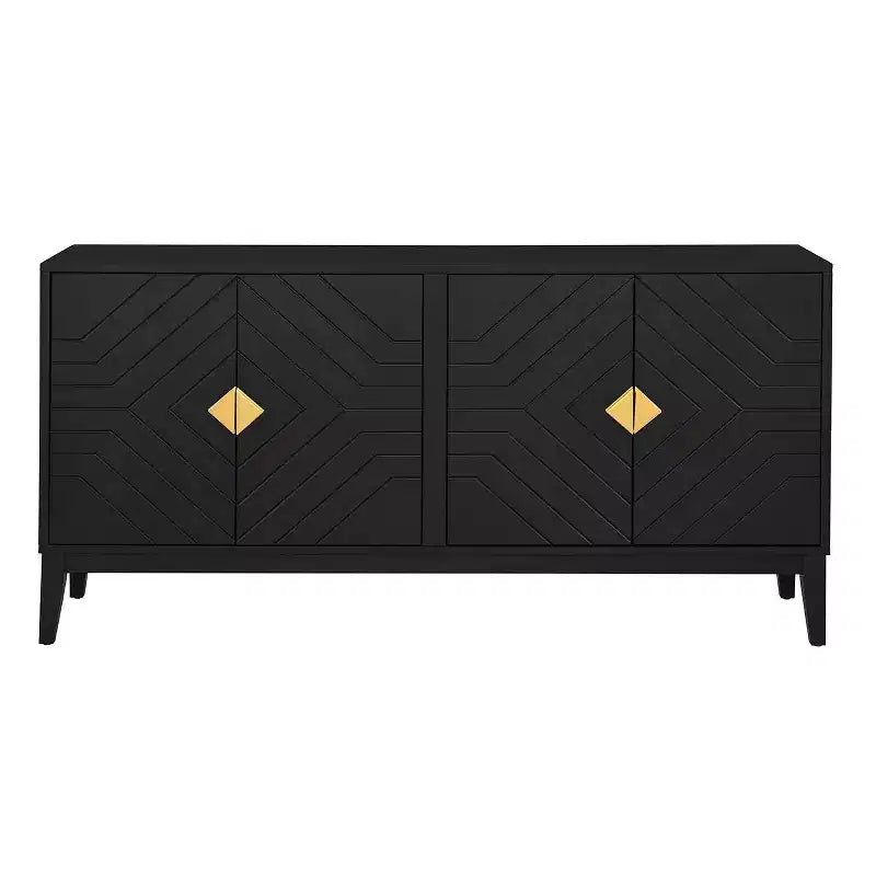Modern Sideboard Buffet Cabinet with 4 Curved Pattern Doors, Living Room Storage, Black