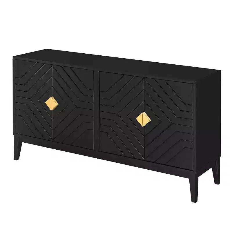 Modern Sideboard Buffet Cabinet with 4 Curved Pattern Doors, Living Room Storage, Black