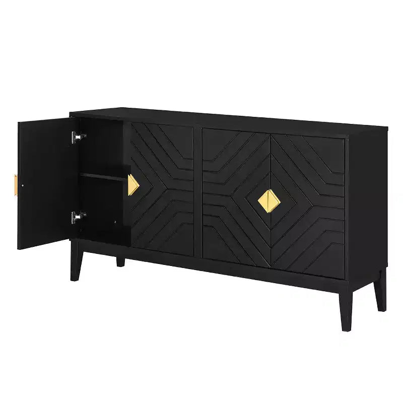 Modern Sideboard Buffet Cabinet with 4 Curved Pattern Doors, Living Room Storage, Black
