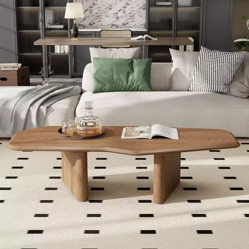 Rustic Wooden Irregular Coffee Table with Double Pedestal Base