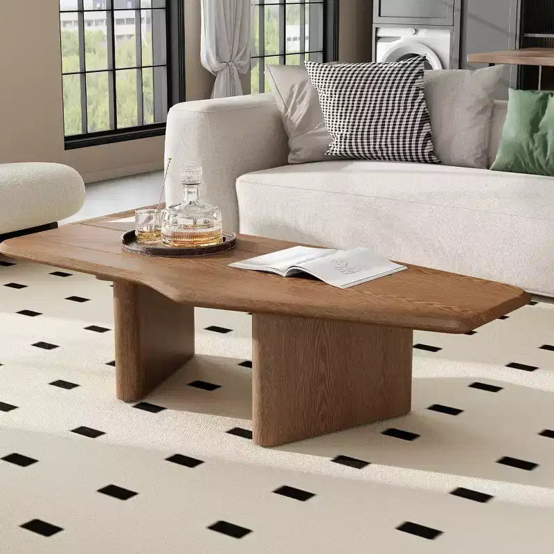 Rustic Wooden Irregular Coffee Table with Double Pedestal Base