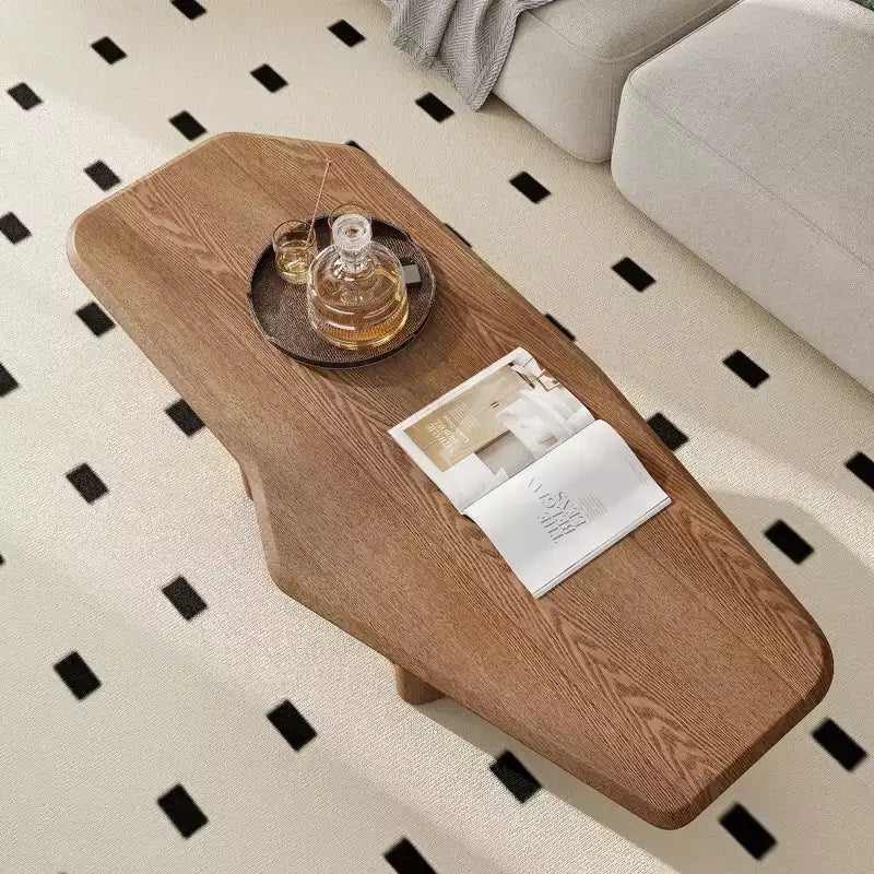 Rustic Wooden Irregular Coffee Table with Double Pedestal Base