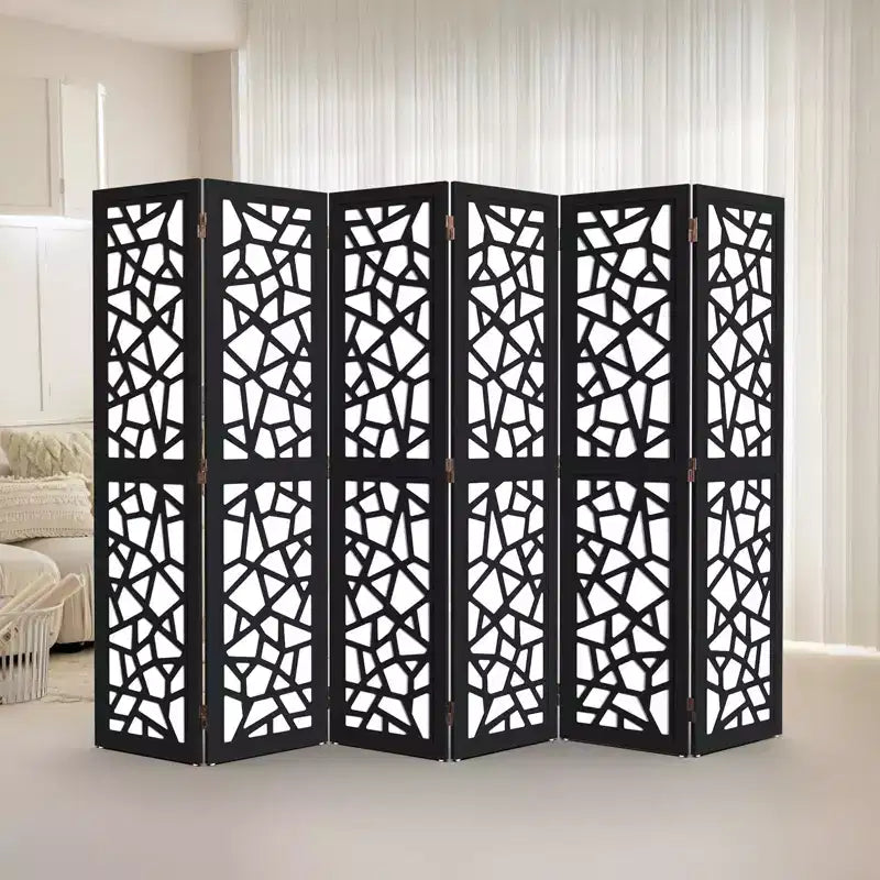 6-Panel Non-Woven Fabric Room Divider Privacy Screen with Unique Pattern, Black, Freestanding