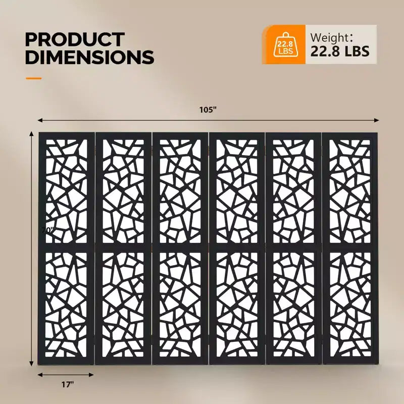 6-Panel Non-Woven Fabric Room Divider Privacy Screen with Unique Pattern, Black, Freestanding