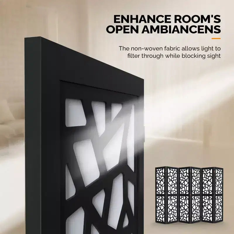 6-Panel Non-Woven Fabric Room Divider Privacy Screen with Unique Pattern, Black, Freestanding