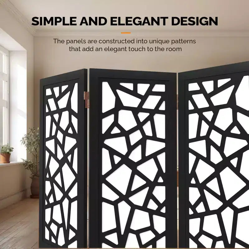 6-Panel Non-Woven Fabric Room Divider Privacy Screen with Unique Pattern, Black, Freestanding