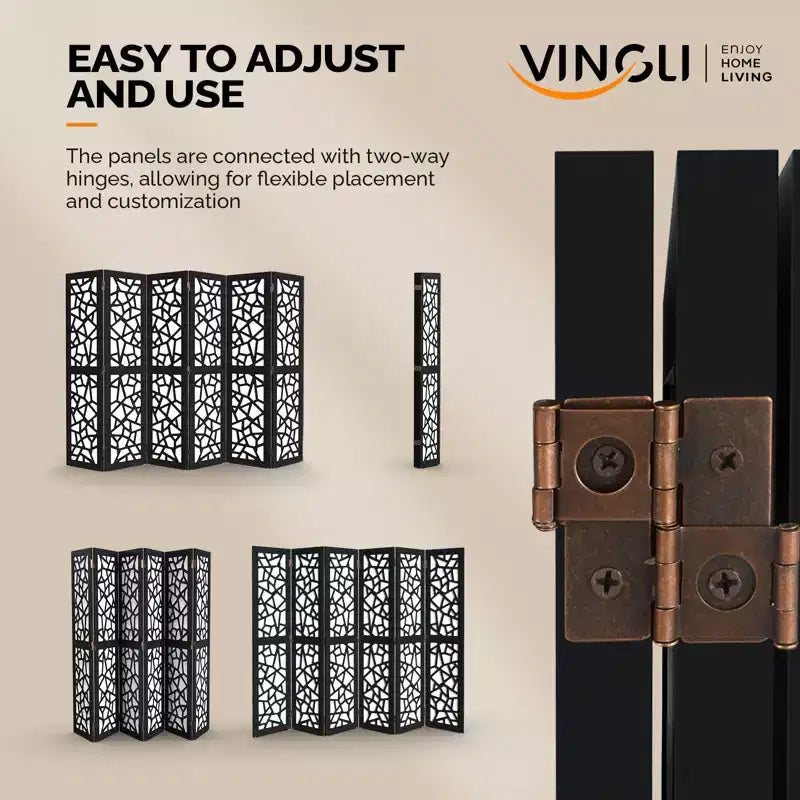6-Panel Non-Woven Fabric Room Divider Privacy Screen with Unique Pattern, Black, Freestanding