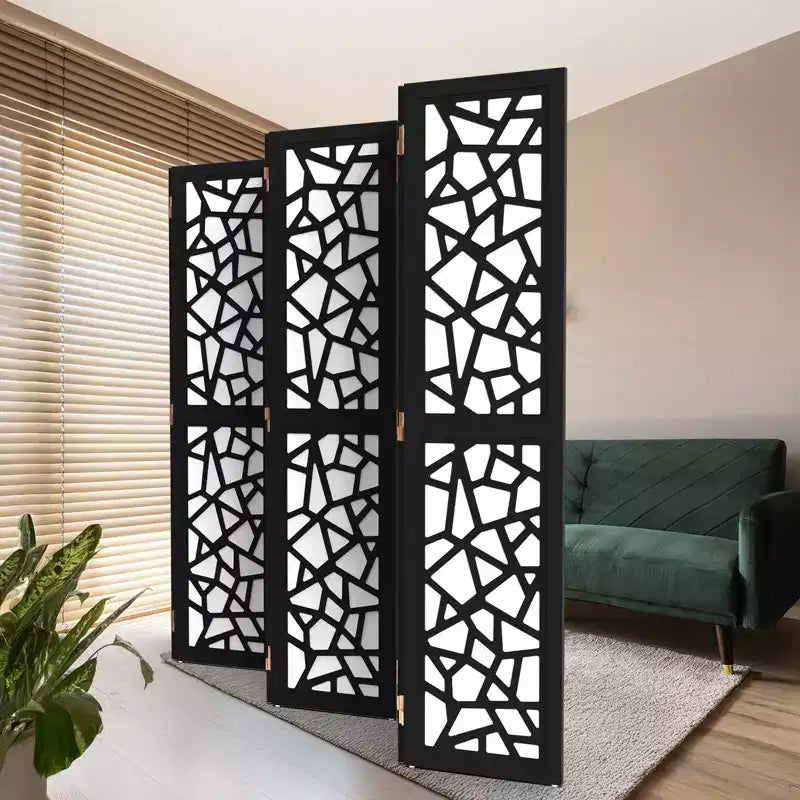 6-Panel Non-Woven Fabric Room Divider Privacy Screen with Unique Pattern, Black, Freestanding