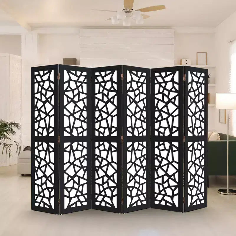 6-Panel Non-Woven Fabric Room Divider Privacy Screen with Unique Pattern, Black, Freestanding