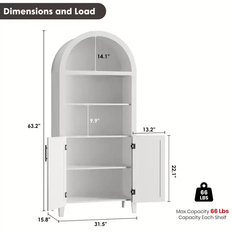 63" Arched Bookcase with Doors, 5-Tier Open Display Shelf with Rattan Decor, Storage Cupboard for Kitchen, Dining Room, Living Room