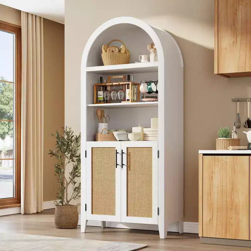 63" Arched Bookcase with Doors, 5-Tier Open Display Shelf with Rattan Decor, Storage Cupboard for Kitchen, Dining Room, Living Room