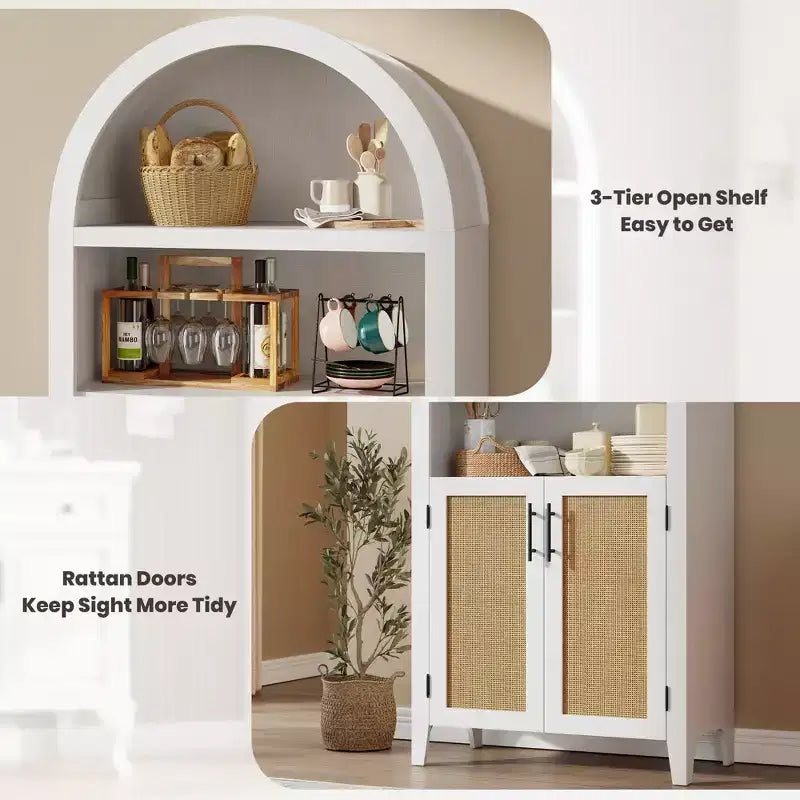 63" Arched Bookcase with Doors, 5-Tier Open Display Shelf with Rattan Decor, Storage Cupboard for Kitchen, Dining Room, Living Room