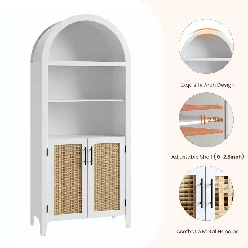 63" Arched Bookcase with Doors, 5-Tier Open Display Shelf with Rattan Decor, Storage Cupboard for Kitchen, Dining Room, Living Room