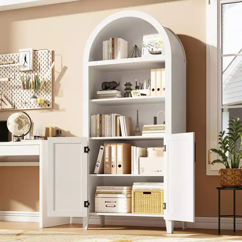 63" Arched Bookcase with Doors, 5-Tier Open Display Shelf with Rattan Decor, Storage Cupboard for Kitchen, Dining Room, Living Room