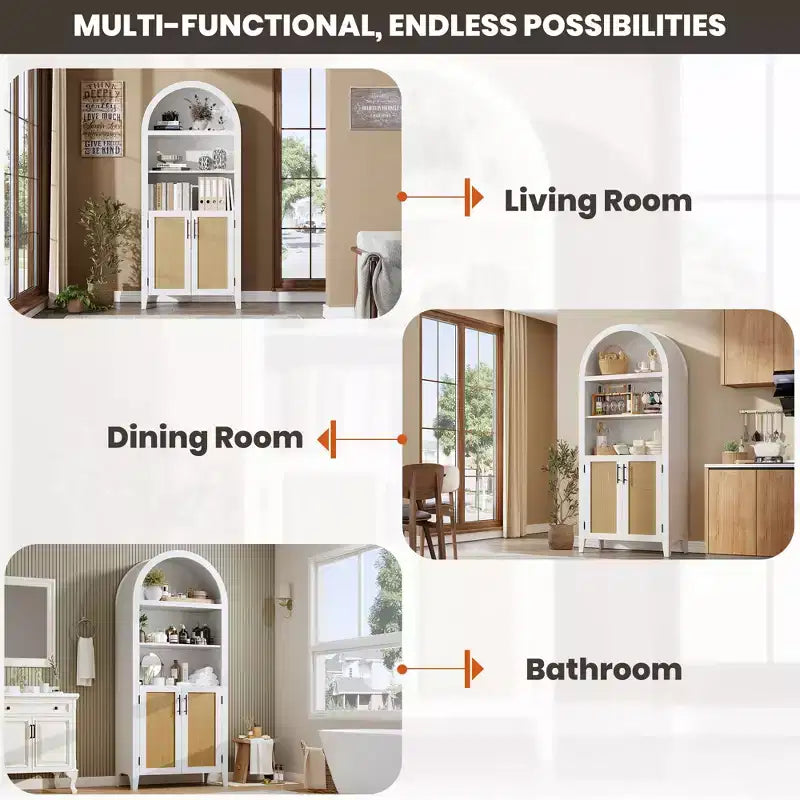 63" Arched Bookcase with Doors, 5-Tier Open Display Shelf with Rattan Decor, Storage Cupboard for Kitchen, Dining Room, Living Room