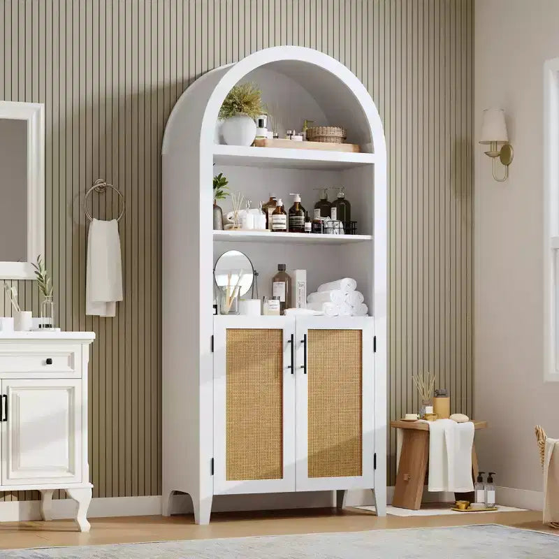 63" Arched Bookcase with Doors, 5-Tier Open Display Shelf with Rattan Decor, Storage Cupboard for Kitchen, Dining Room, Living Room