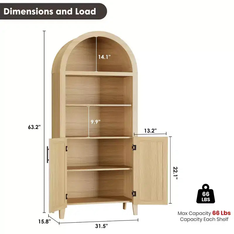 63" Arched Bookcase with Doors, 5-Tier Open Display Shelf with Rattan Decor, Storage Cupboard for Kitchen, Dining Room, Living Room