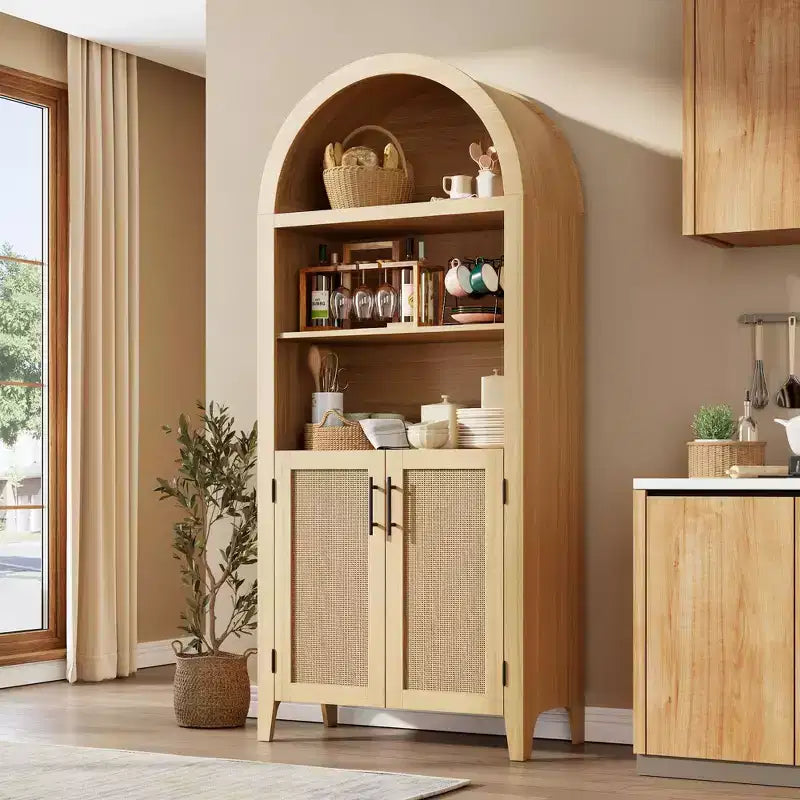 63" Arched Bookcase with Doors, 5-Tier Open Display Shelf with Rattan Decor, Storage Cupboard for Kitchen, Dining Room, Living Room