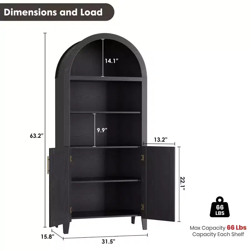 63" Arched Bookcase with Doors, 5-Tier Open Display Shelf with Rattan Decor, Storage Cupboard for Kitchen, Dining Room, Living Room